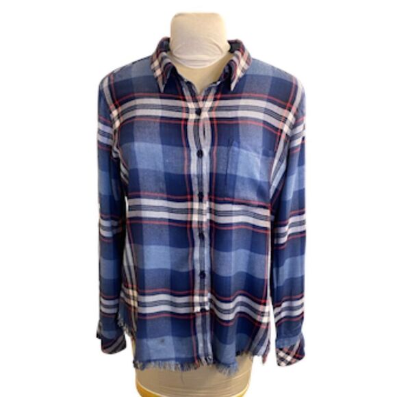 Dylan Plaid Button Front Blouse Fringe Hem Roll Up Sleeves Sz. L Packable - Picture 1 of 16